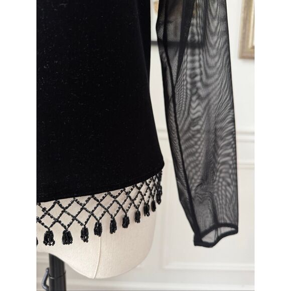 Xscape Illusion Neck Long Sleeve Black Velvet Top Beaded Fringe M - Picture 3 of 9